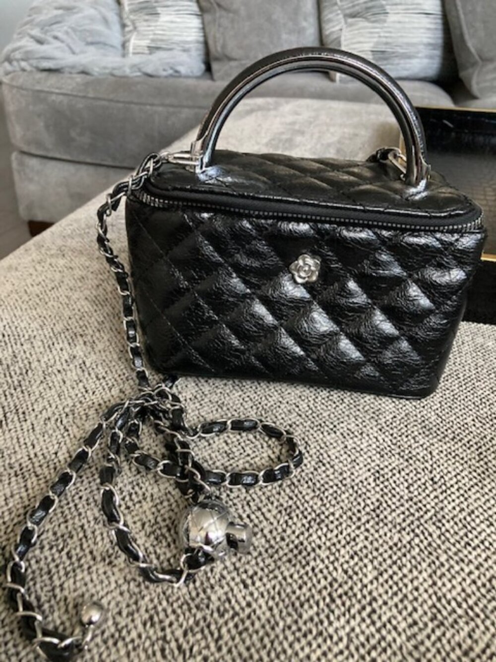 Real Leather Quilted Top Handle Bag